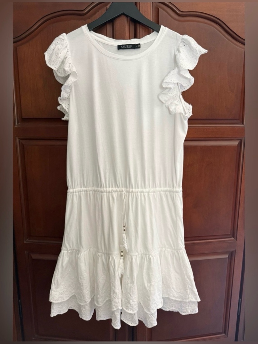 Lauren Ralph Lauren White Eyelet Jersey Dress Ruffle Sleeve Drawstring Size 14